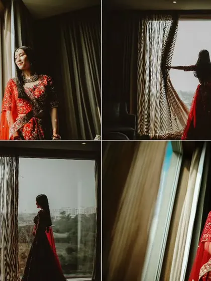 A collage of bridal portraits, showing the bride in her red lehenga looking out the window, capturing different moods and angles.