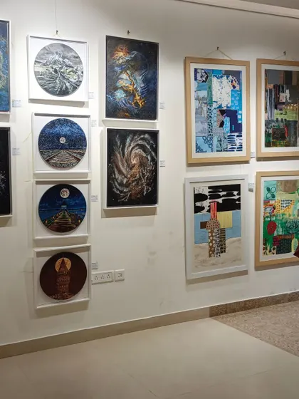 This gallery wall showcases a diverse range of artworks from a group exhibition. We are proud to feature various Indian artists, offering something for every collector.