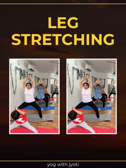 Leg stretching is for everyone. A young student practices a wide-legged stance alongside an adult, showing how yoga is adaptable for all ages.