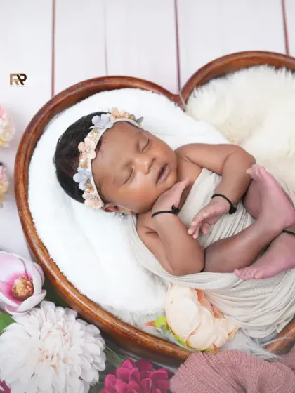 A newborn sleeps peacefully in a heart-shaped wooden bowl, swaddled in a light-colored wrap. The composition, with floral arrangements, creates a beautiful and artistic portrait.