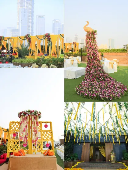 A collage showcasing my versatility in decor, from a rooftop Haldi with a floral peacock to a traditional setup with marigold hangings.