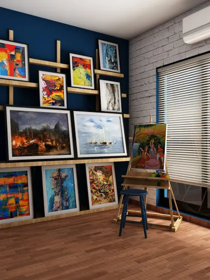 A 3D render of an artist's studio, showcasing a gallery wall with custom wooden shelving. This design provides an elegant and practical way for an artist to display their finished works.