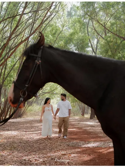 A creative shot where the horse's head frames the couple walking hand-in-hand in the background, adding depth and a unique perspective.