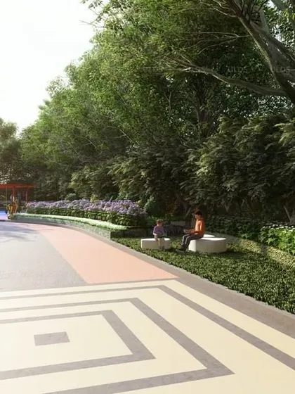 A wide, patterned promenade at 'Villa On Sky' provides ample space for walking and relaxing, with built-in seating nestled among the greenery.