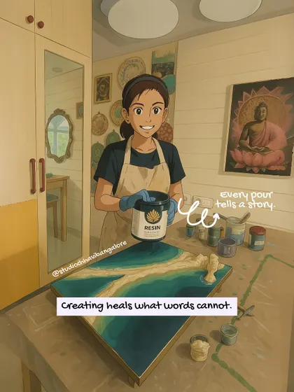 "Every pour tells a story." An illustrated scene of me working on a resin piece, with the thought that creating heals what words cannot.