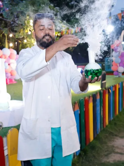 Our science show add-on is both educational and spectacular. Here, our "mad scientist" creates a smoky chemical reaction that wows the young audience.