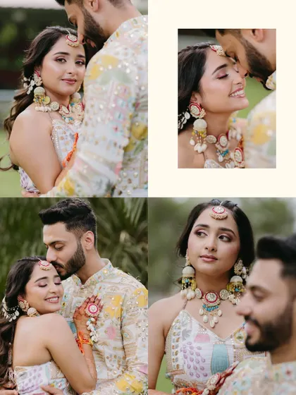 A collection of close-up portraits of a couple during their Haldi ceremony, capturing their loving gazes and gentle interactions.