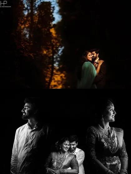 A collage of low-light and black and white portraits taken outdoors. These images demonstrate my use of creative lighting to craft moody and emotional pre-wedding photos.