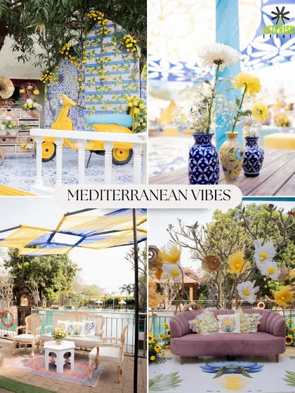 A "Mediterranean Vibes" Haldi mood board. Inspired by the coasts of Italy and Greece, this theme features classic blue and white patterns, lemon accents, and a vintage scooter prop.