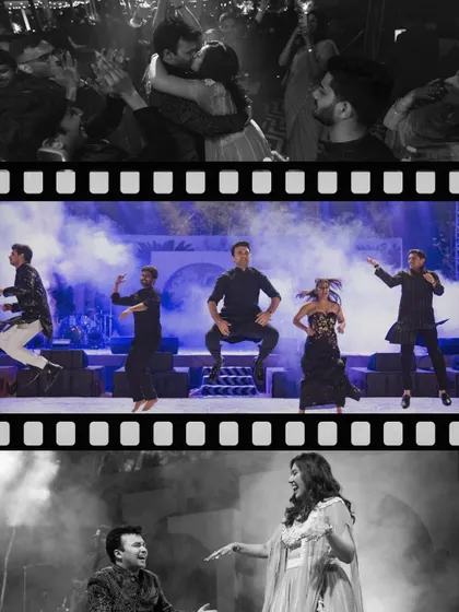 A film-strip style collage showcasing the high-energy dance performances and candid moments from a Sangeet night.