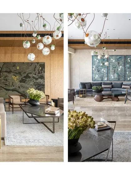 A diptych showing both seating areas in the K Residence living room. This highlights the versatility of the space, which can accommodate both small, intimate gatherings and larger parties, with furniture and art creating distinct but connected zones.
