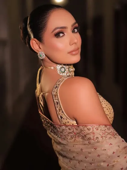 A classic and elegant look in a beige sequined saree. The sleek bun and statement choker create a sophisticated style.
