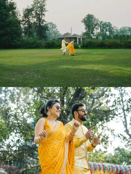 A collage capturing the couple's playful dance moves and romantic moments during their outdoor Haldi.