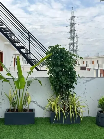 Another angle of the completed terrace, showing how the plant arrangements frame the space. We carefully select plants that suit the environment and the client's maintenance preferences, ensuring the garden stays beautiful.