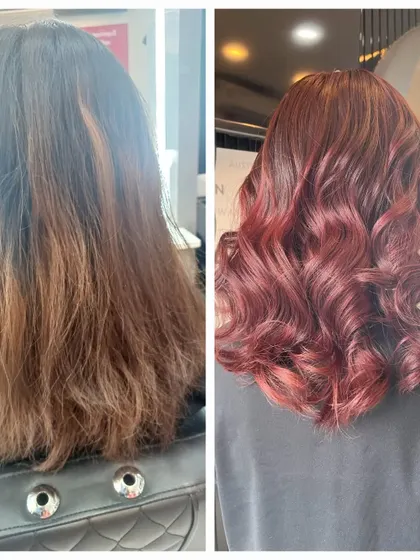This was a tricky correction from faded, brassy hair to a vibrant, even red. Achieving the desired shade required careful application and formulation to ensure the final red was rich and consistent from roots to ends.