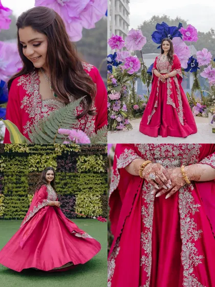 A collage of a bride-to-be at her whimsical Roka, showcasing her vibrant outfit and the beautiful floral decor.