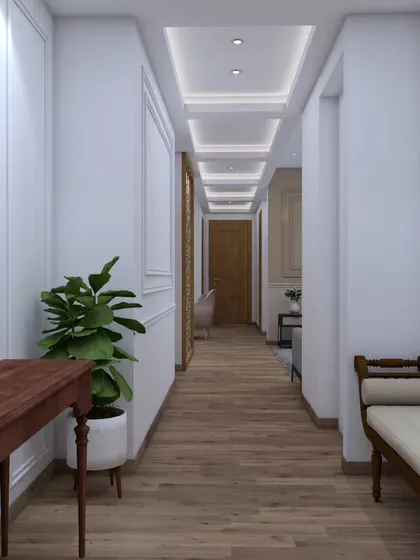 A preview of a classic contemporary hallway in one of our latest projects. The design features elegant wall mouldings, a long console table, and a mirrored wall to create a sense of space and timeless sophistication.