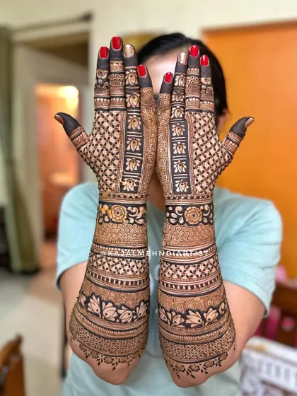 A full bridal backhand design with lotus and grid patterns.