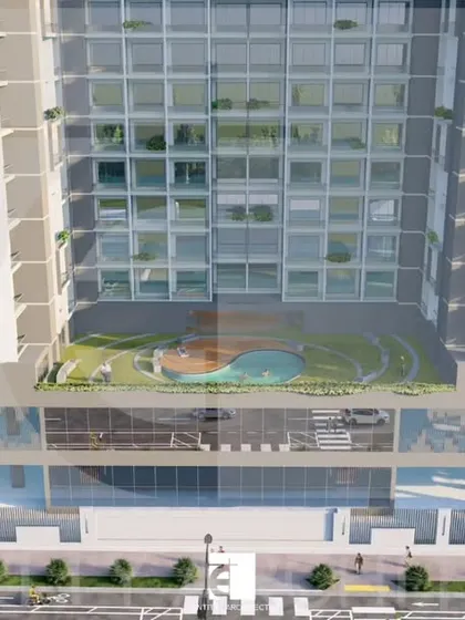 A closer look at the podium level of the proposed residential building. This area is designed to house high-end amenities, including green spaces and a swimming pool, creating a community hub for residents.