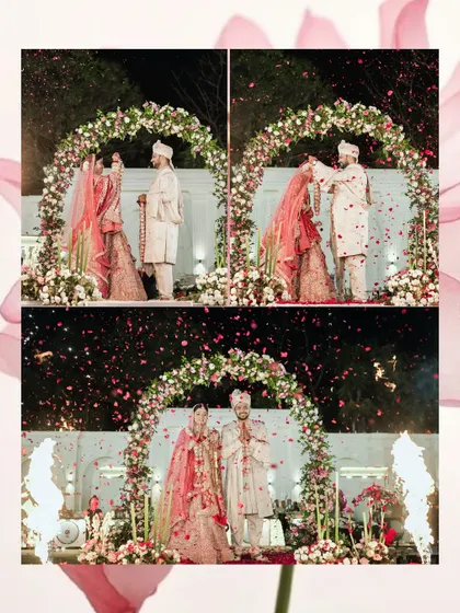 A sequence of the Varmala ceremony, from the playful lift to the final exchange. This collage captures the fun, tradition, and ultimate union of the couple under a floral arch.