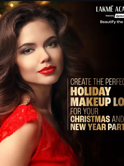 A promotional graphic for holiday makeup, featuring a model with a classic red lip and glamorous waves.