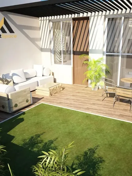 A design for a residential terrace or balcony. This outdoor space combines a wooden deck, a small lawn, and comfortable seating under a pergola, creating a private oasis for relaxation.