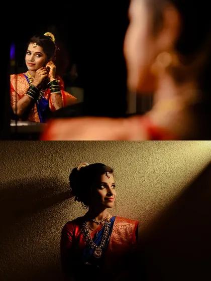 Creative bridal portraits using reflections and dramatic lighting to create a sense of mood and anticipation.
