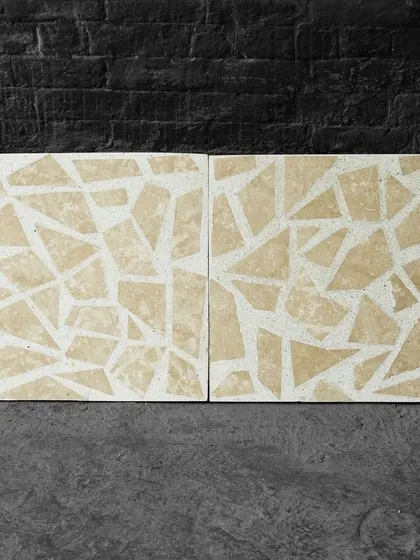 A head-on shot of the mosaic Venetian terrazzo tiles against a dark brick background.