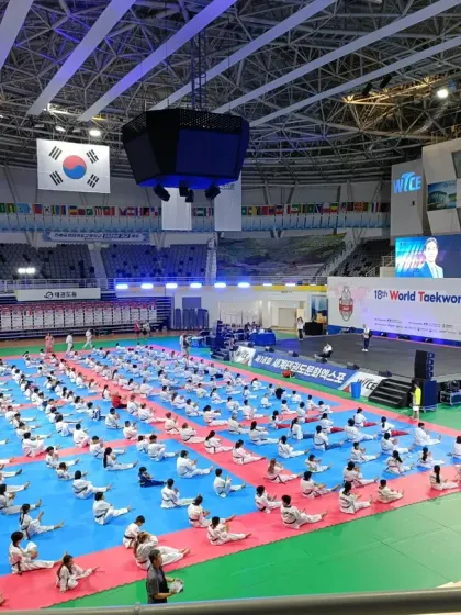 An incredible sight: hundreds of Taekwondo students stretching in perfect unison in the main arena.