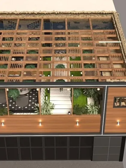 An architectural 3D model of a rooftop structure. This shows the overall form, including the pergola roof and the enclosed room, giving a sense of the scale and complexity we handle.
