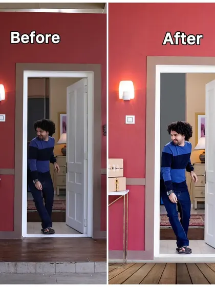 Before and after: A commercial edit where the background was completely replaced to fit the client's specific requirements for their campaign.