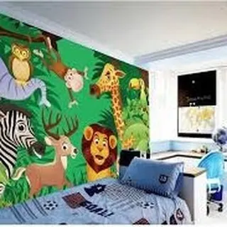A dense and lively jungle wallpaper for a boy's room, complete with swinging monkeys, lions, and zebras. The dynamic scene is full of energy and perfect for an active child's imagination.