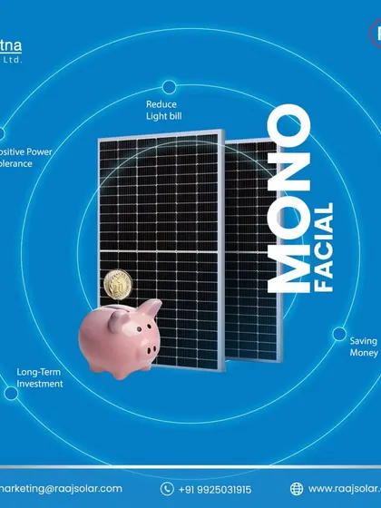 Our Mono Facial panels are a long-term investment designed to reduce your light bill and save you money. The piggy bank graphic illustrates the clear financial benefit of switching to our efficient solar technology.