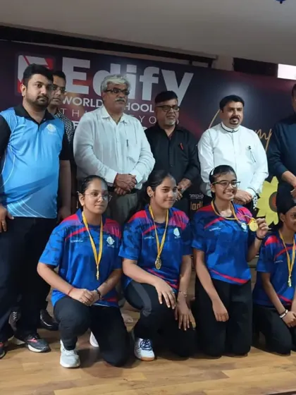 Our winning team from the CBSE Cluster tournament posing with officials. These victories are a team effort, reflecting the hard work of players, coaches, and support staff.