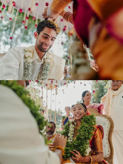 A two-part collage showing the bride and groom during different parts of their wedding ceremony. These images capture their happy and emotional expressions during the sacred rituals.