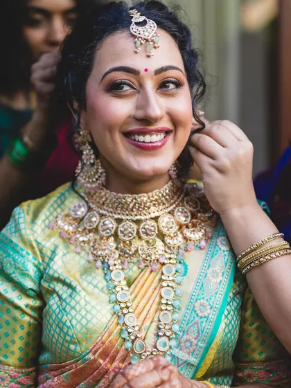A collection of behind-the-scenes moments and final looks, showcasing the artistry and transformation process for various brides.