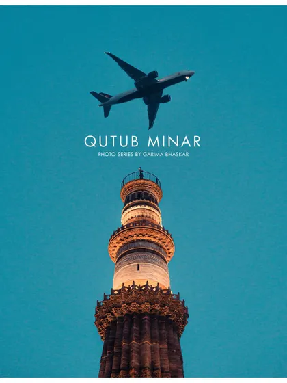 A creative shot of Qutub Minar with an airplane flying overhead, framed as a photo series poster. This composition connects the ancient monument with the modern world.