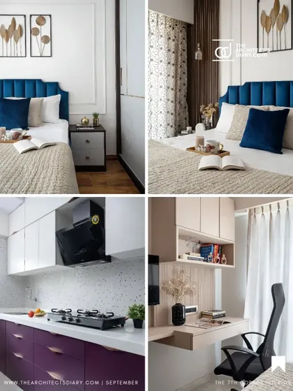 A collage from the feature, showing details from the master bedroom, kitchen, and study area, representing the cohesive design language throughout the home.