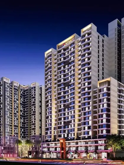 A night render of the Vikas Ritz residential towers in Kalyan.