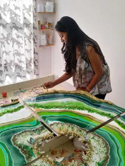 Working on a large, multi-panel geode artwork. This piece was so big it felt like I was painting a landscape. The process is just as important as the final outcome.