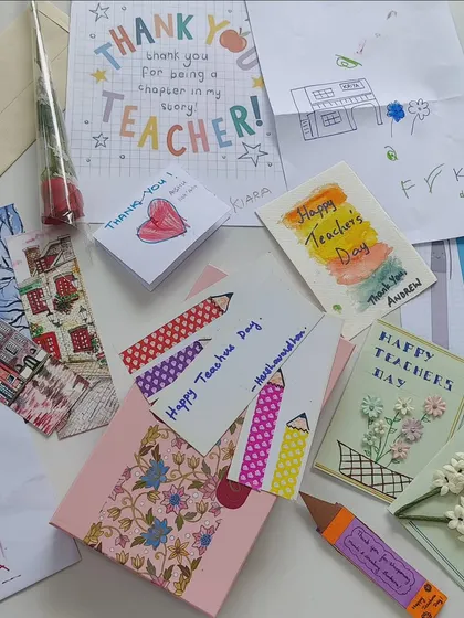 Heartfelt thank you notes and drawings from our students on Teacher's Day. These small, handmade tokens of appreciation mean the world to us and symbolize the special bond we share.