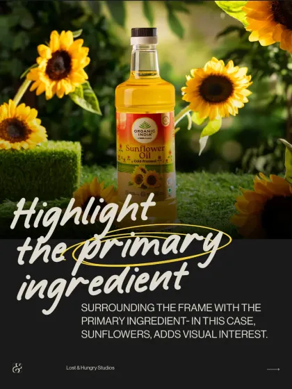 A bottle of Organic India's Sunflower Oil surrounded by sunflowers. This composition directly links the product to its primary ingredient, reinforcing its natural origin.