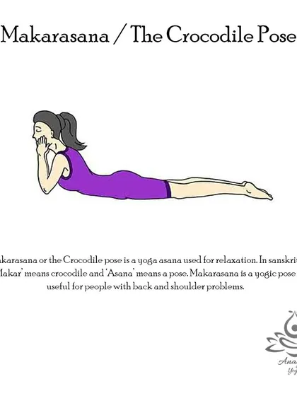 Makarasana (The Crocodile Pose) is a relaxation pose that is excellent for people with spondylitis, slipped disk, and other spinal disorders.