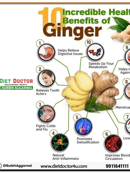 This infographic provides a detailed look at ten incredible health benefits of ginger. From relieving digestive issues and fighting colds to improving blood circulation and reducing pain, ginger is a true superfood.