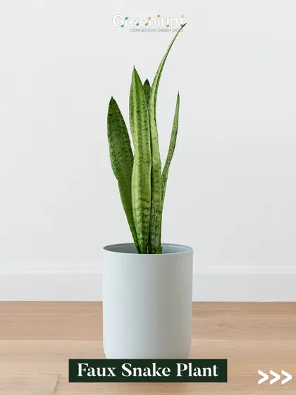 A faux Snake Plant in a minimalist white pot. This is a perfect example of a simple, stylish, and zero-maintenance decor piece that fits well in any modern home or office.