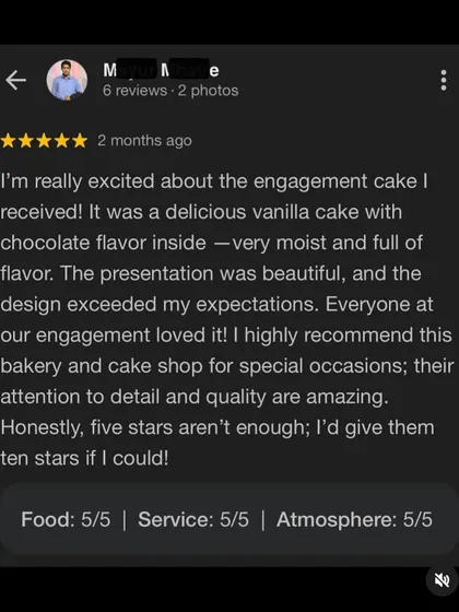Another angle of the wonderful five-star review for one of our engagement cakes. We pour our hearts into every creation and every interaction.