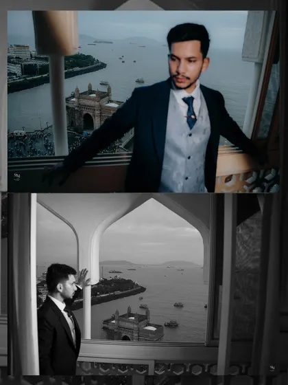 A collage of the groom at the Taj Hotel in Mumbai. The views of the Gateway of India add a sense of grandeur and place to these stylish portraits.