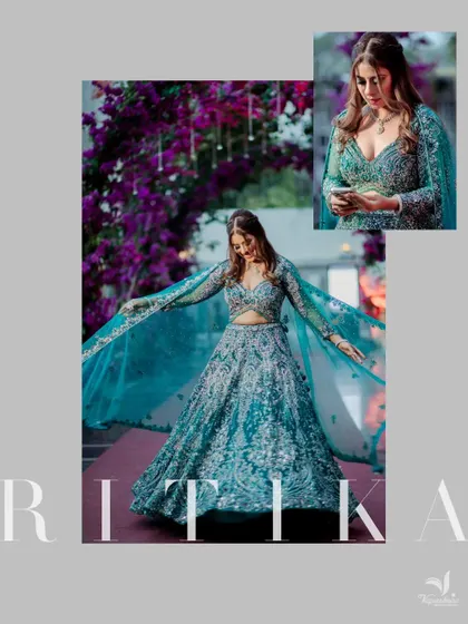 A stunning portrait of the bride in her teal engagement gown, capturing her elegance and the beautiful flow of her outfit.
