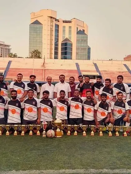 Our team posing with our trophies and Mr. N.A. Haris, the newly elected Vice President of the AIFF. It is an honor to have the support of influential figures in Indian football.