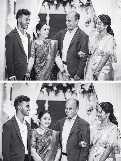 A beautiful black and white family portrait from the reception, capturing three generations of happiness.